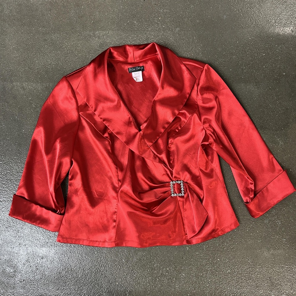 Blu Sage‎ Blouse Womens Medium Red Satin Rhinestone Buckle 3/4 Sleeve Dressy Top